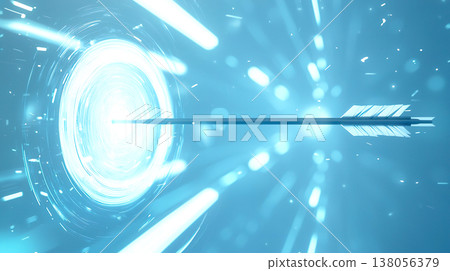 圖中描繪了一支箭射穿淺藍色全像發光靶心的情景。 138056379