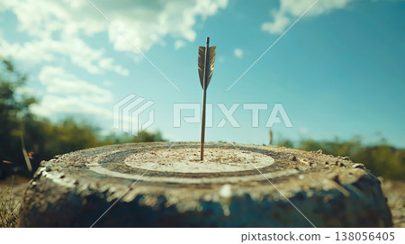 A single arrow, vertically embedded in the center of a target drawn on a tree stump in the grassland. 138056405