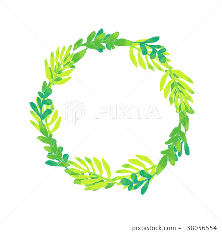 Watercolor-style circular wreath of green leaves and ferns, botanical frame, vector graphic. 138056554