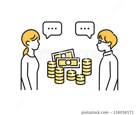 An illustration of a couple discussing household finances and future money. An illustration of a couple discussing household finances and future money. 138056571