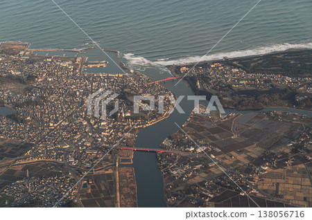 Aerial photograph of the Naka River and Hinuma River flowing into the Pacific Ocean. Aerial photograph of the Naka River and Hinuma River flowing into the Pacific Ocean. 138056716