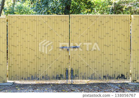 Traditional yellow bamboo gate with metal sliding latch and ground bolts. Vertical bamboo pole design against lush green garden trees. Outdoor security and privacy entrance for a zen garden. 138056767