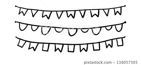Crayon hand drawn bunting pattern set. Doodled flag garland pack. Kid sketched celebration flag chains and pennons for birthday decoration, footer, banner. Vector party pennon illustration bundle Crayon hand drawn bunting pattern set. Doodled flag garland pack. Kid sketched celebration flag chains and pennons for birthday decoration, footer, banner. Vector party pennon illustration bundle 138057305