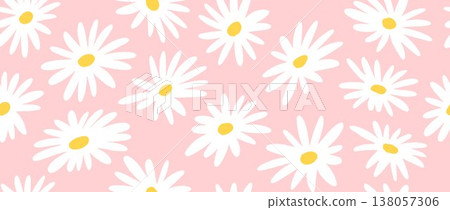 White pink flower seamless pattern background. Cute hand drawn floral repeated wallpaper. Romantic chamomile blossom motif for textile print, fabric swatch, dress ornament, wrapping paper. Vector White pink flower seamless pattern background. Cute hand drawn floral repeated wallpaper. Romantic chamomile blossom motif for textile print, fabric swatch, dress ornament, wrapping paper. Vector 138057306