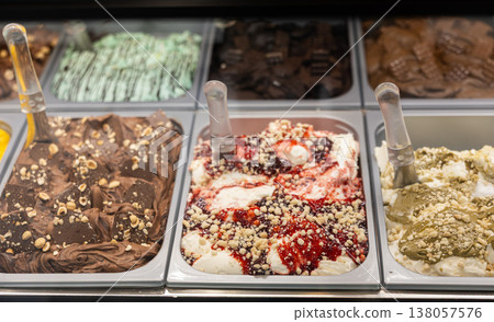 Ice cream tray in cafeteria display case Ice cream tray in cafeteria display case 138057576