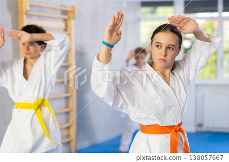 Group of children train karate techniques Group of children train karate techniques 138057667