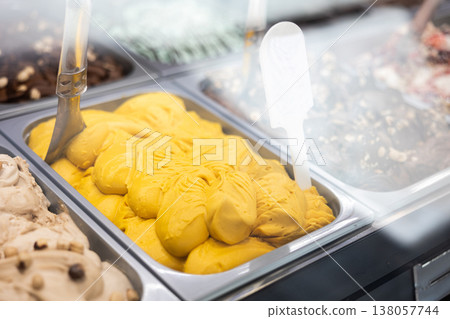 Ice cream tray in cafeteria display case Ice cream tray in cafeteria display case 138057744
