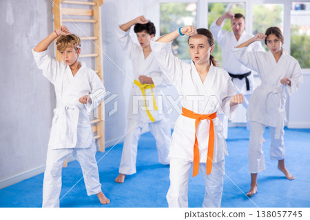 Group of children train karate techniques Group of children train karate techniques 138057745