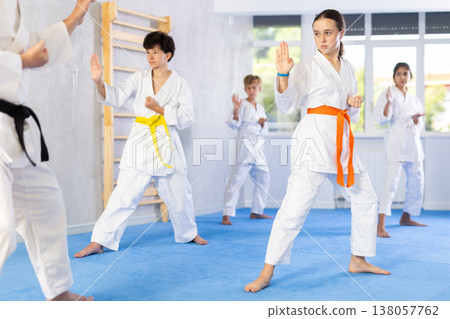 Preteen children during karate training. Martial arts. Sport, active lifestyle concept Preteen children during karate training. Martial arts. Sport, active lifestyle concept 138057762