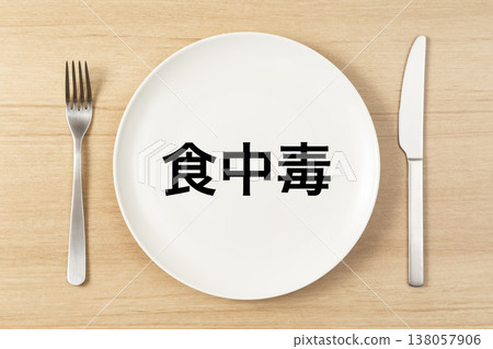 A plate and cutlery with "food poisoning" written on it. 138057906