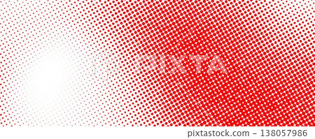 Red color halftone grain texture. Faded dotted gradient pattern background. Raster comic pop art gradation wallpaper. Bright pixelated cartoon overlay backdrop. Anime or manga wavy noise cover. Vector 138057986