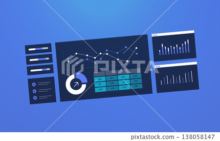 Business analytics dashboard, performance metrics visualization, data charts and graphs interface. Marketing performance dashboard with business KPI monitoring panel, modern flat vector illustration Business analytics dashboard, performance metrics visualization, data charts and graphs interface. Marketing performance dashboard with business KPI monitoring panel, modern flat vector illustration 138058147