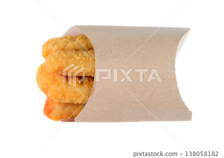 Crispy fried cheese stick in craft paper pocket on white background top view close up flat lay with copy space delicious savory junk food snack food Crispy fried cheese stick in craft paper pocket on white background top view close up flat lay with copy space delicious savory junk food snack food 138058182