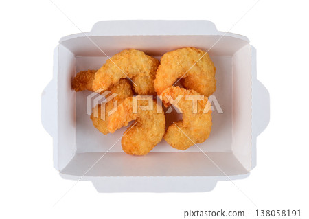 Crispy fried shrimp in white paper take out box on white background top view close up flat lay with copy space delicious seafood snack 138058191