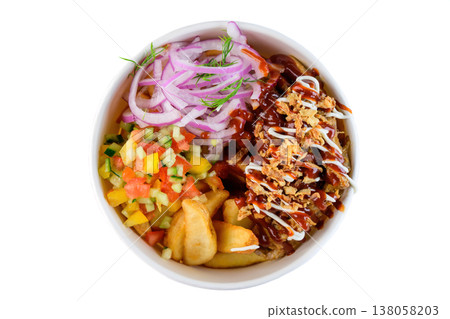 Chicken bowl with barbecue sauce potato wedge fresh vegetable salad and red onion in white paper take out bowl on white background top view flat lay Chicken bowl with barbecue sauce potato wedge fresh vegetable salad and red onion in white paper take out bowl on white background top view flat lay 138058203