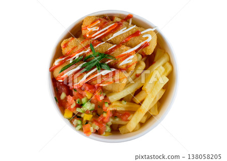 Chicken bowl with french fry fresh vegetable salsa and sauce in white paper take out bowl on white background top view flat lay with copy space Chicken bowl with french fry fresh vegetable salsa and sauce in white paper take out bowl on white background top view flat lay with copy space 138058205