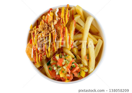 Crispy chicken strip with french fry fresh vegetable salsa and sauce in white paper take out bowl top view close up flat lay delicious savory snack 138058209