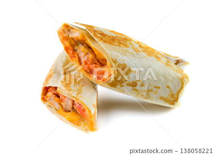 Freshly grilled chicken wrap cut in half with melted cheese and tomato on white background side view close up delicious savory meat snack for menu Freshly grilled chicken wrap cut in half with melted cheese and tomato on white background side view close up delicious savory meat snack for menu 138058221
