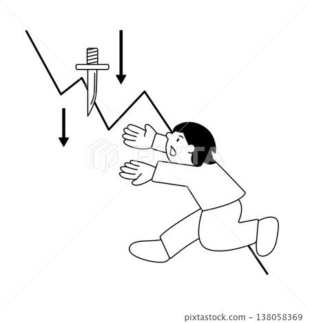 A monochrome illustration of falling stock prices and a person chasing a falling knife. A monochrome illustration of falling stock prices and a person chasing a falling knife. 138058369