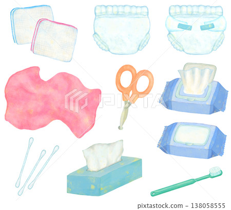 嬰兒護理產品插圖集(適用於育兒) 嬰兒護理產品插圖集(適用於育兒) 138058555