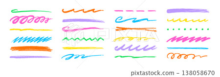 Line color brush crayon set. Underline brush crayon hand drawn pencil pen stroke marker color..Kid children doodle scribble wavy squiggle highlight texture grunge background. Vector 138058670
