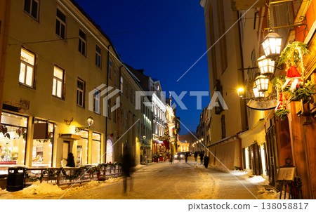 Night view of illuminated Pilies street in Old Town of Vilnius, Lithuania 138058817