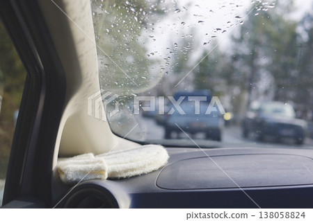Wet Windshield View From Car Interior 138058824