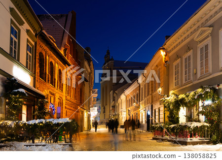 Night view of illuminated Pilies street in Old Town of Vilnius, Lithuania 138058825