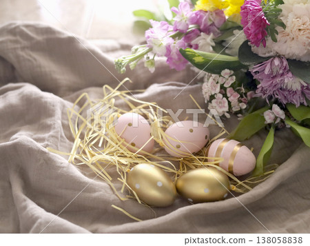 Spring Bouquet With Pastel And Golden Eggs Spring Bouquet With Pastel And Golden Eggs 138058838