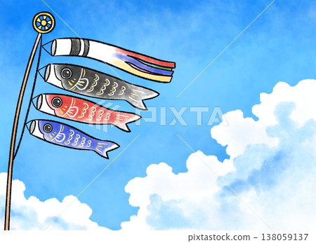 A watercolor-style illustration of carp streamers swimming in a blue sky. A watercolor-style illustration of carp streamers swimming in a blue sky. 138059137