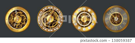 Set of antique clock faces with gears and Roman numerals Set of antique clock faces with gears and Roman numerals 138059387