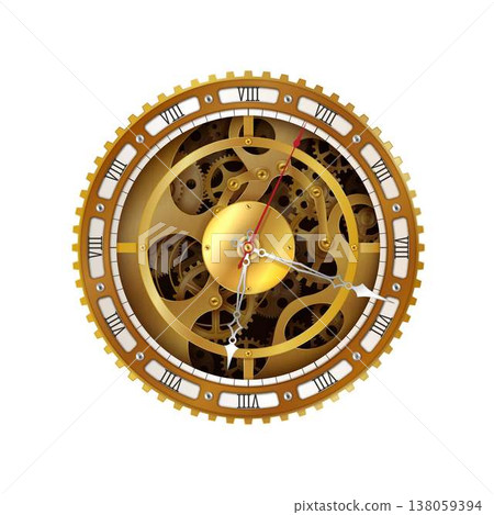 Golden Steampunk Clock with Exposed Gears 138059394