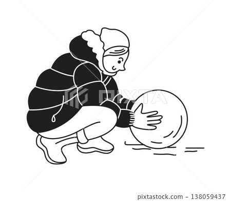 Man Building Snowball for Snowman in Winter Scene Man Building Snowball for Snowman in Winter Scene 138059437