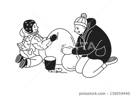 Children Building Snowman in Winter Attire 138059440