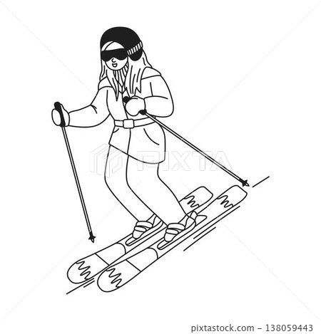 Woman Skiing Down a Slope with Poles 138059443