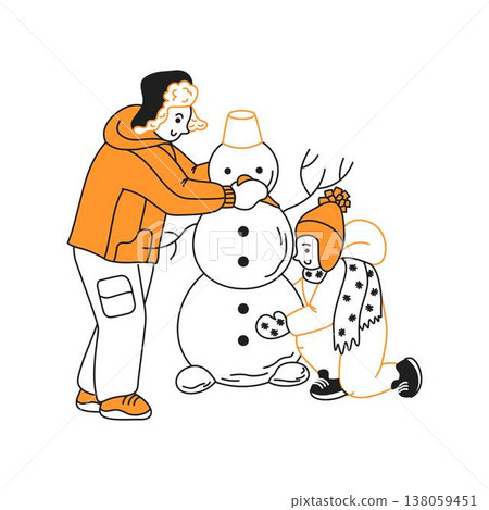 Children Building Snowman in Winter Fun Style Children Building Snowman in Winter Fun Style 138059451