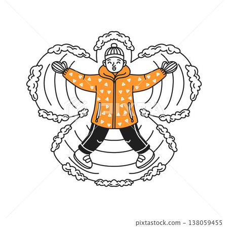 Child in Orange Jacket Making Snow Angel 138059455