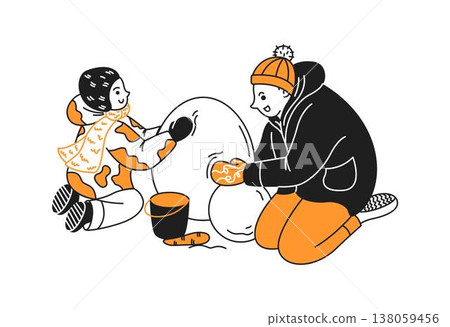 Children Building Snowman on Winter Day 138059456