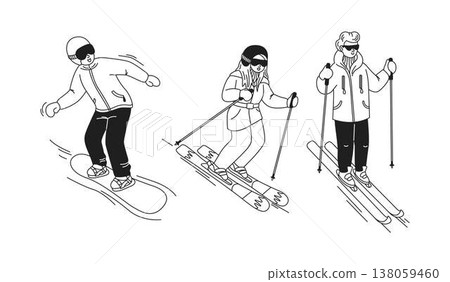 Winter Sports Enthusiasts in Monochrome Illustration Winter Sports Enthusiasts in Monochrome Illustration 138059460