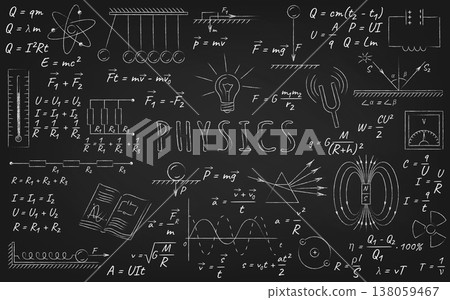 Chalkboard with Physics Formulas and Diagrams Chalkboard with Physics Formulas and Diagrams 138059467