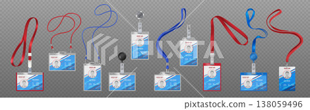 Collection of identity badges with lanyards Collection of identity badges with lanyards 138059496