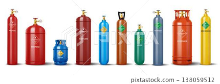 Various Gas Tanks and Cylinders on White Background Various Gas Tanks and Cylinders on White Background 138059512