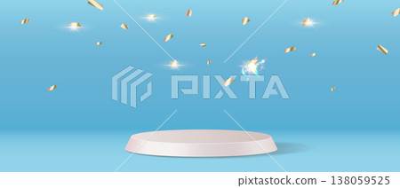 Minimalistic Platform with Confetti on Blue Background Minimalistic Platform with Confetti on Blue Background 138059525