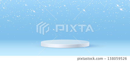 White podium on a blue sparkling backdrop White podium on a blue sparkling backdrop 138059526