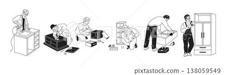 Line Art of People Assembling Furniture Line Art of People Assembling Furniture 138059549