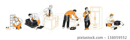 People Assembling Modern Furniture Illustration People Assembling Modern Furniture Illustration 138059552