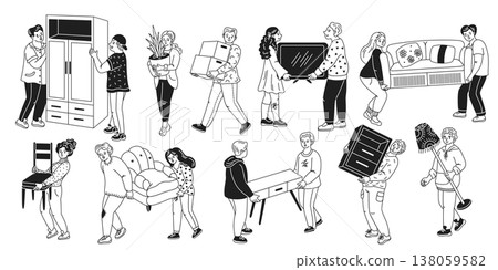 Illustration of People Moving Various Furniture Illustration of People Moving Various Furniture 138059582