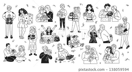 Diverse People Exchanging Gifts in Line Art Diverse People Exchanging Gifts in Line Art 138059594
