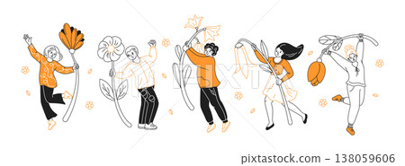 Joyful People Holding Giant Flowers in Spring 138059606