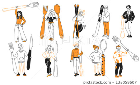 Cartoon Characters Holding Oversized Cutlery. 138059607